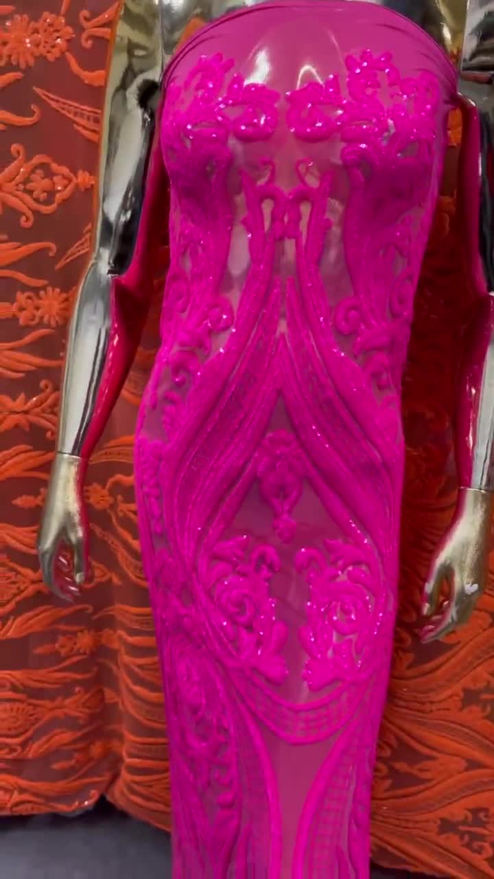 Neon Pink Sequin Fabric - 4 Way Stretch Fancy Big Damask Design Sequins on Spandex Mesh Prom Gala Gown Fabric By The Yard Neon Pink Sequin Fabric - 4 Way Stretch Fancy Big Damask Design Sequins on Spandex Mesh Prom Gala Gown Fabric By The Yard