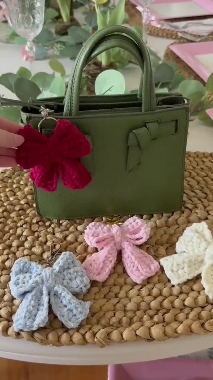 Handmade Crochet Bow Bag Charm | Cute Mini Bow Keychain | Soft Crochet Bow | Unique Gift for Her | Coquette Girly Gifts | Purse Accessory video poster