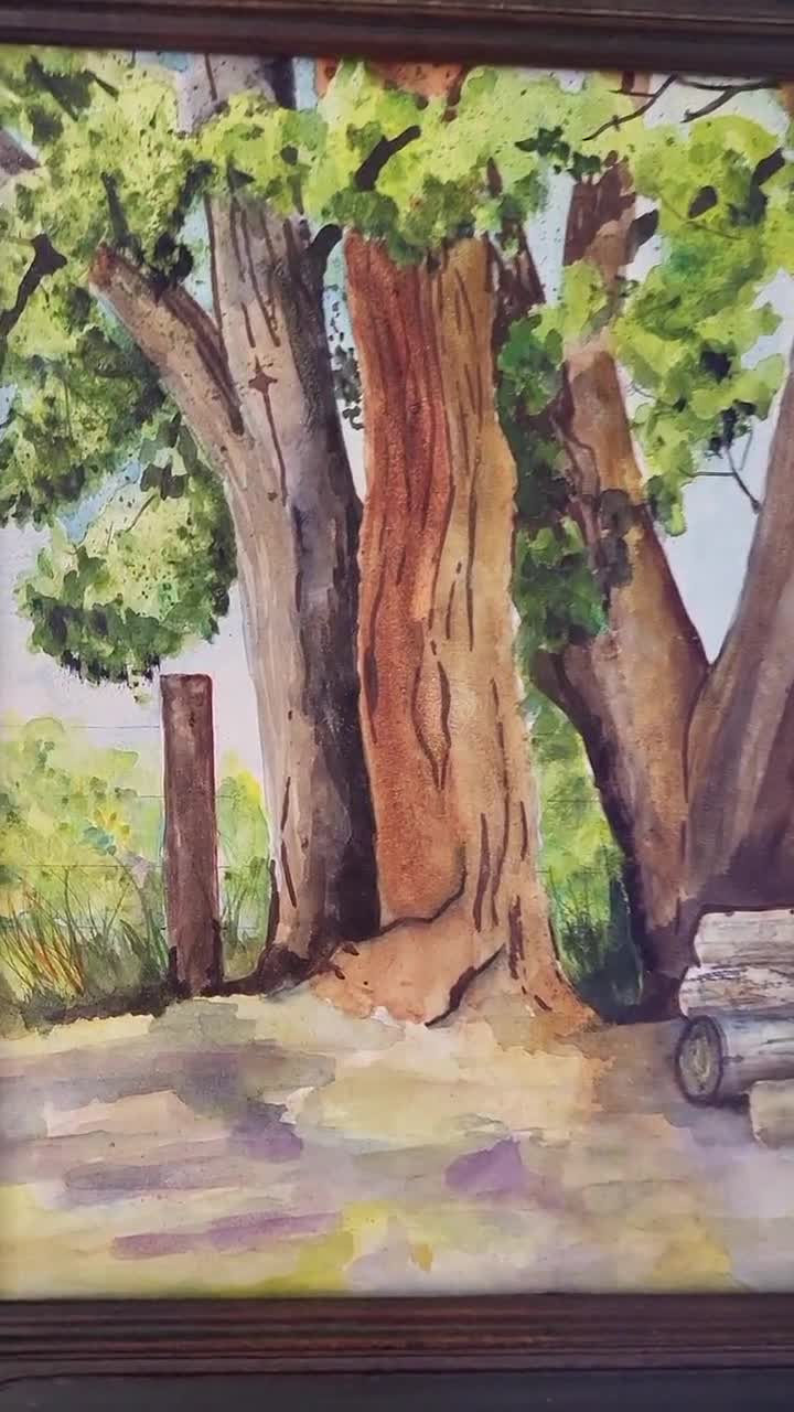 Watercolor painting original, trees. Fine art landscape painting. Tree on sale art with fence. Summer trees and shadows. Cottonwood trees. Nature