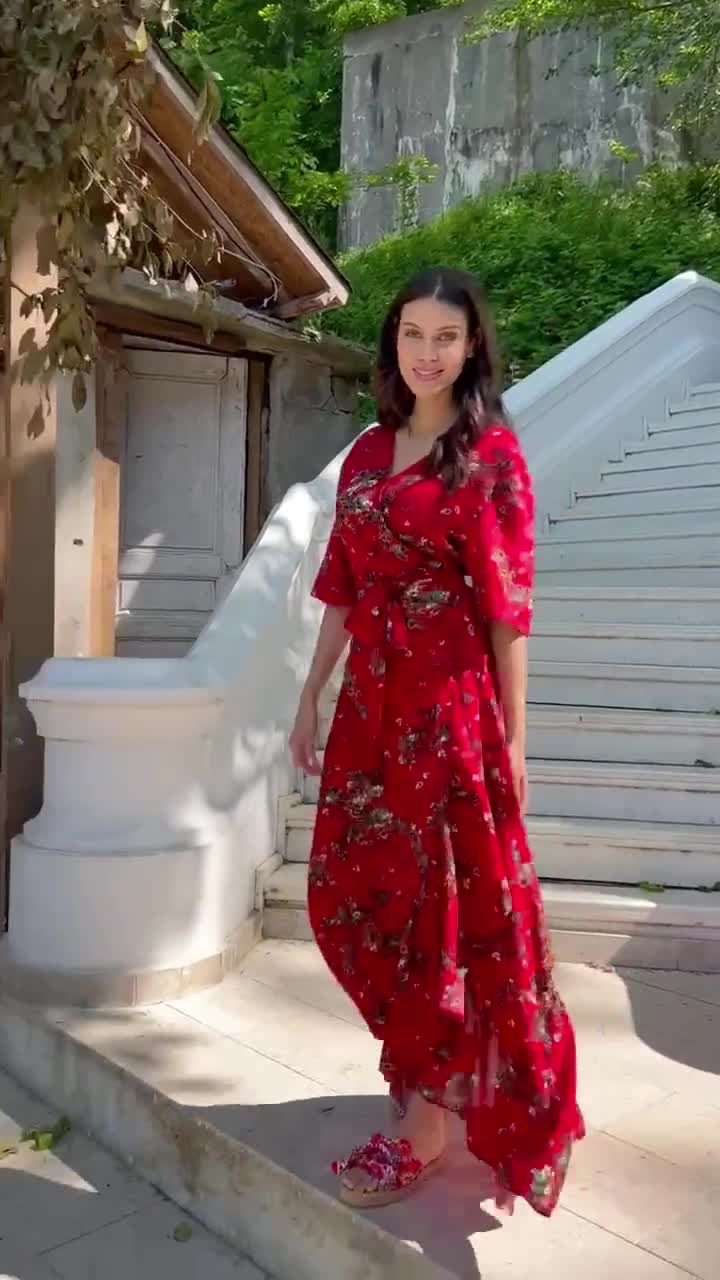 red floral maxi wrap dress Polly Red Floral Wrap Maxi Dress