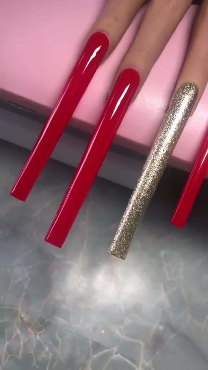 10XL Red and Gold Glitter Press on Nails | Square Extendo False
