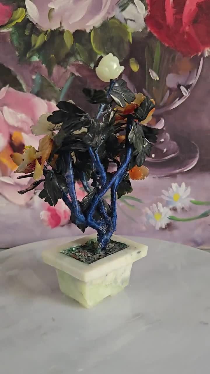 Vintage Floral Sculpture With Carved Base - Jade Flowers and