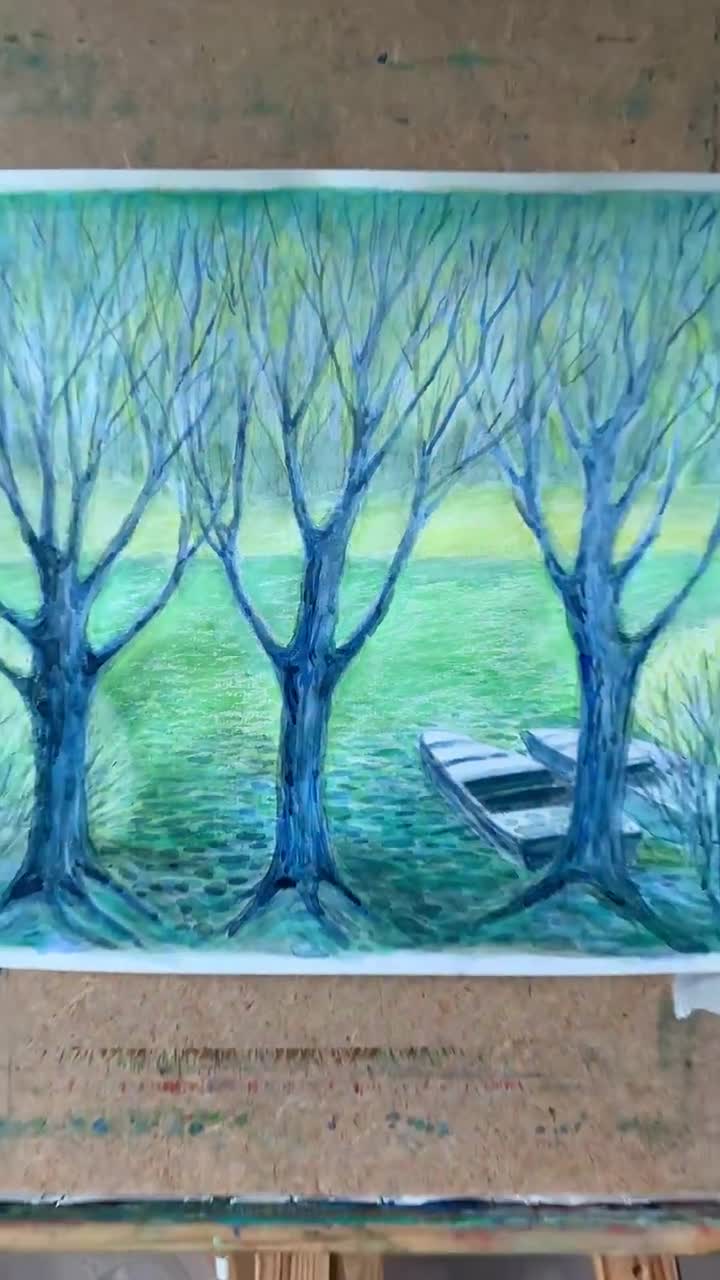 水彩画 木の風景 サイン入り 3本の樹木を描いた風景画（41×32cm）。水彩画（紙）。2024年。作家の
