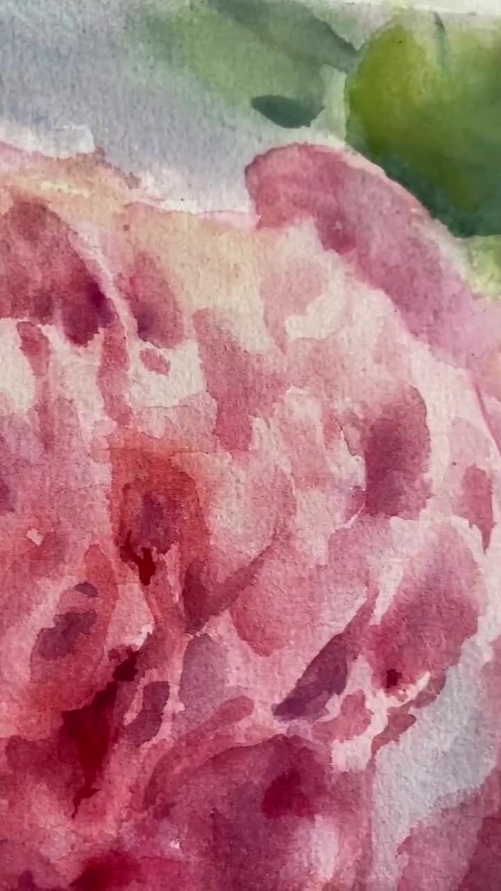 手作りのピンクの牡丹の水彩画：ボタニカルアート（11x8インチ