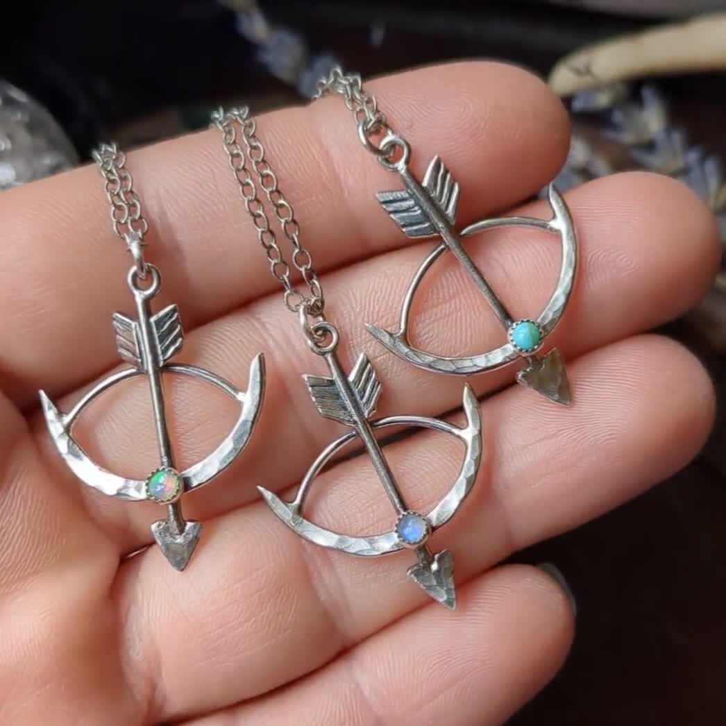 BOW & ARROW Opal Necklace | shops 925 Sterling Silver Handcrafted Archery Crescent Bow And Arrow Necklace | October Birthstone