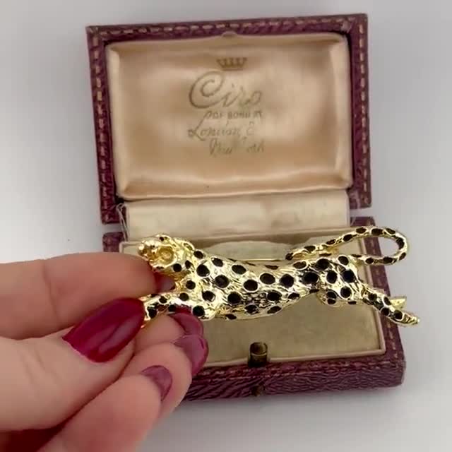 Vintage Gold-plated Panther Brooch, Black Enamel Spotted