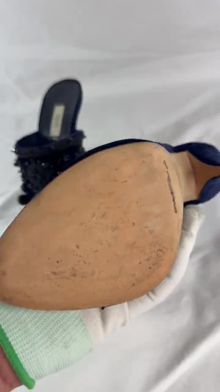 PRADA Navy Blue Velvet Faux Stone Embroidered Heels Sandals