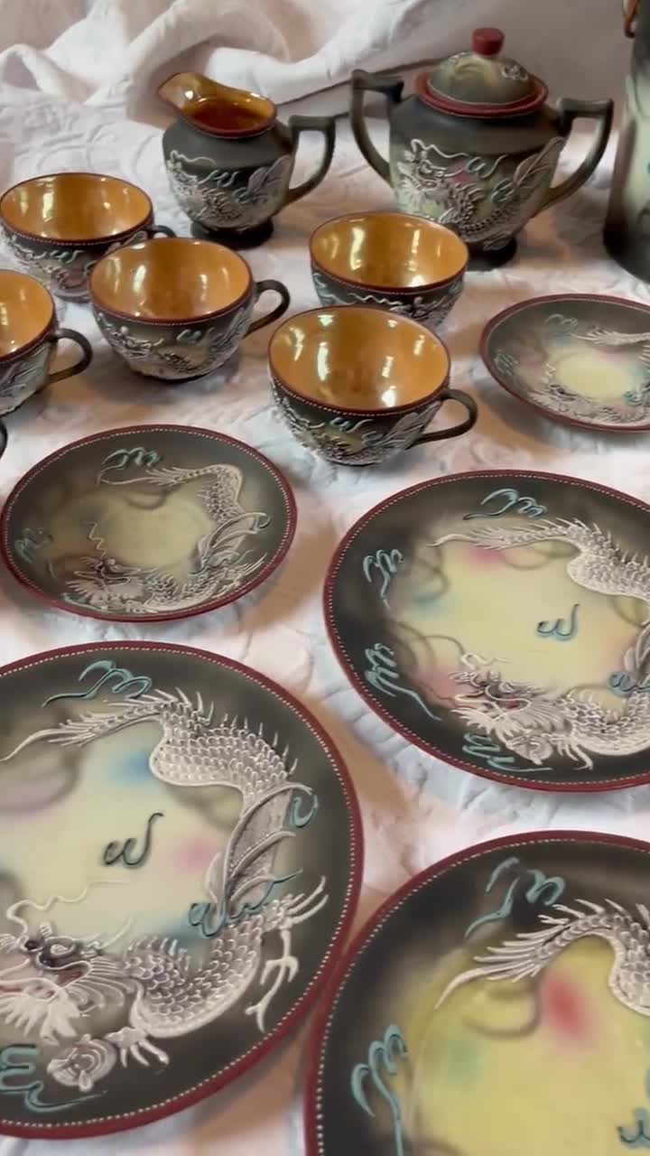 1960s Vintage 29-piece Dragonware Tea Set Hand Painted Moriage