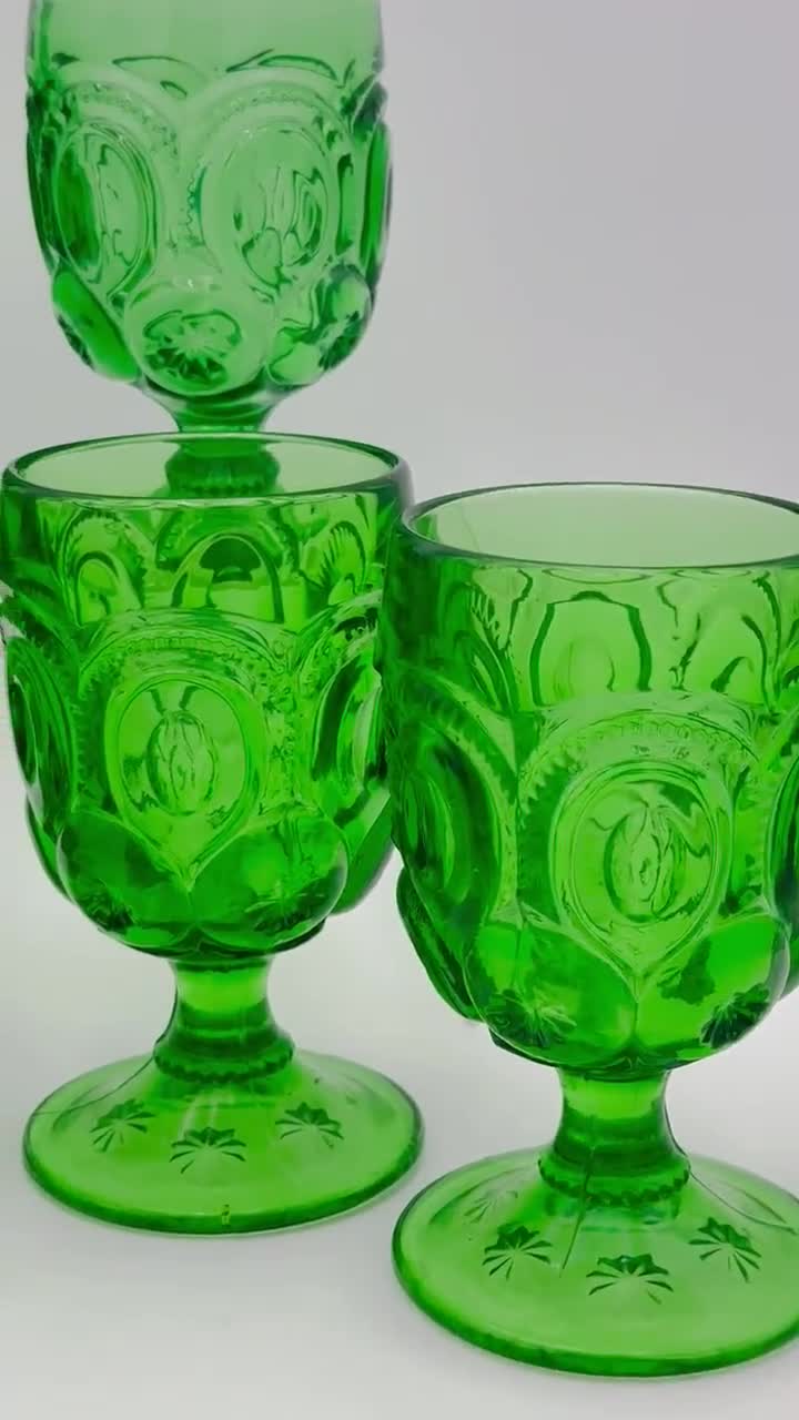 Moon and Star Green Goblets Set of 6 Vintage Mid Century Pedestal