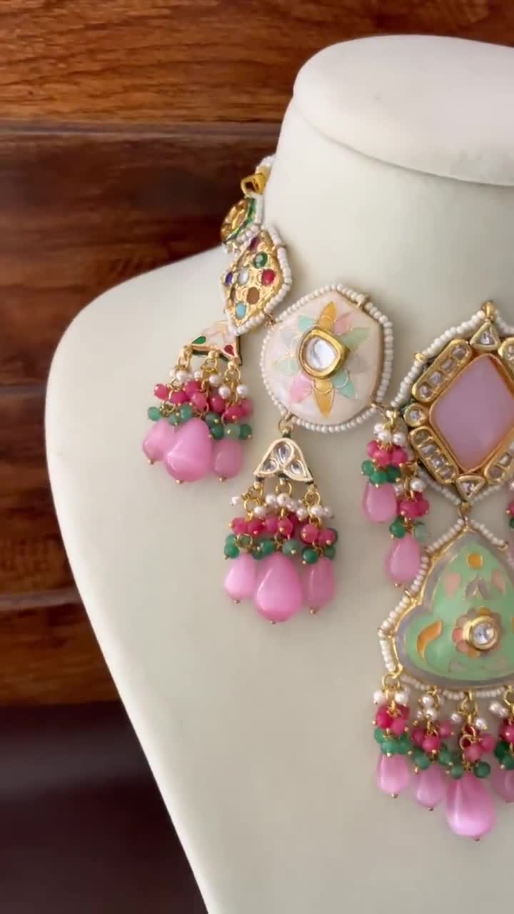 Online Gold Plated Pastel Mint Pink Peach Delicate kundan Set with Earrings/Sabyasachi Jewelry Set/Engagement Kundan Set/Jadau Kundan Set/Pakistani