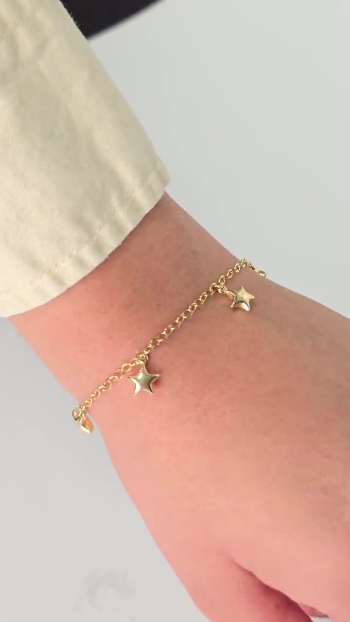 14k Gold Hanging Stars Charms Bracelet - 8