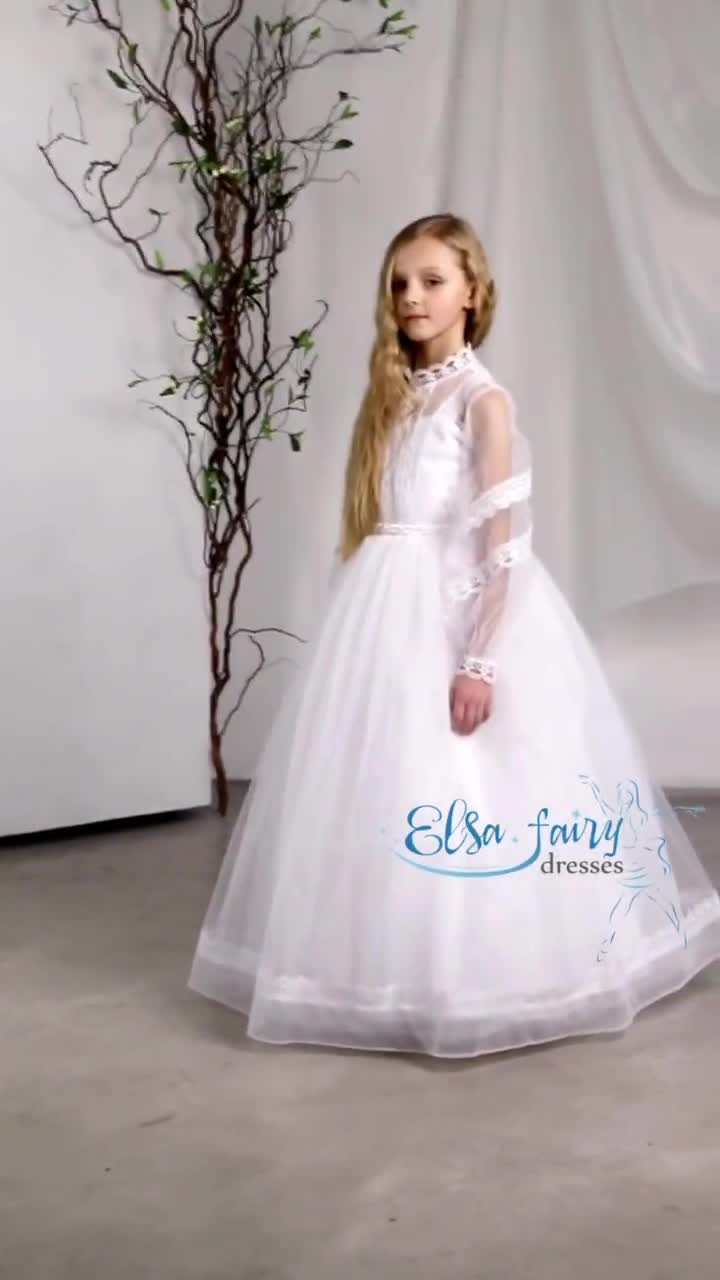 White Lace First Communion Dress: Satin Flower Girl Gown White Lace First Communion Dress: Satin Flower Girl Gown