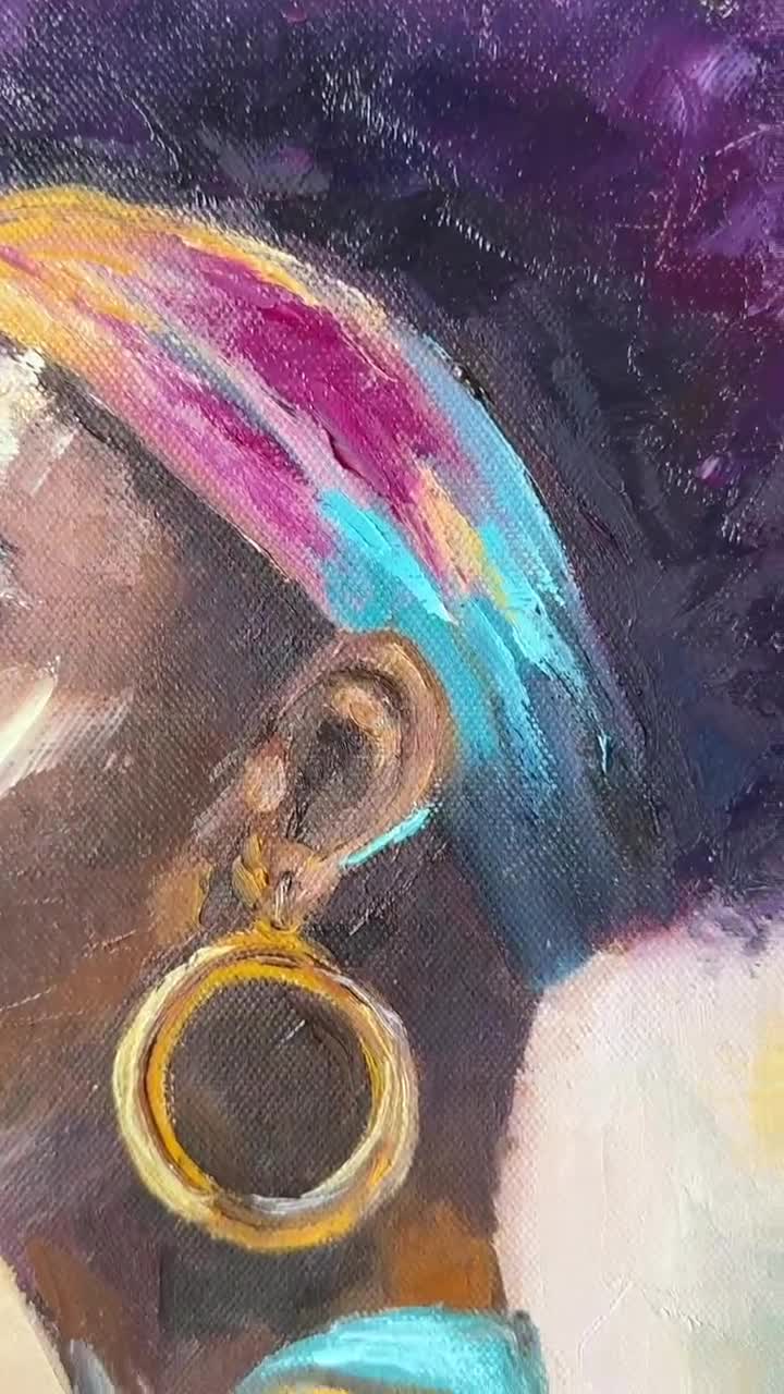アフリカ系アメリカ人女性の肖像画：オリジナルインパスト油絵（18x24