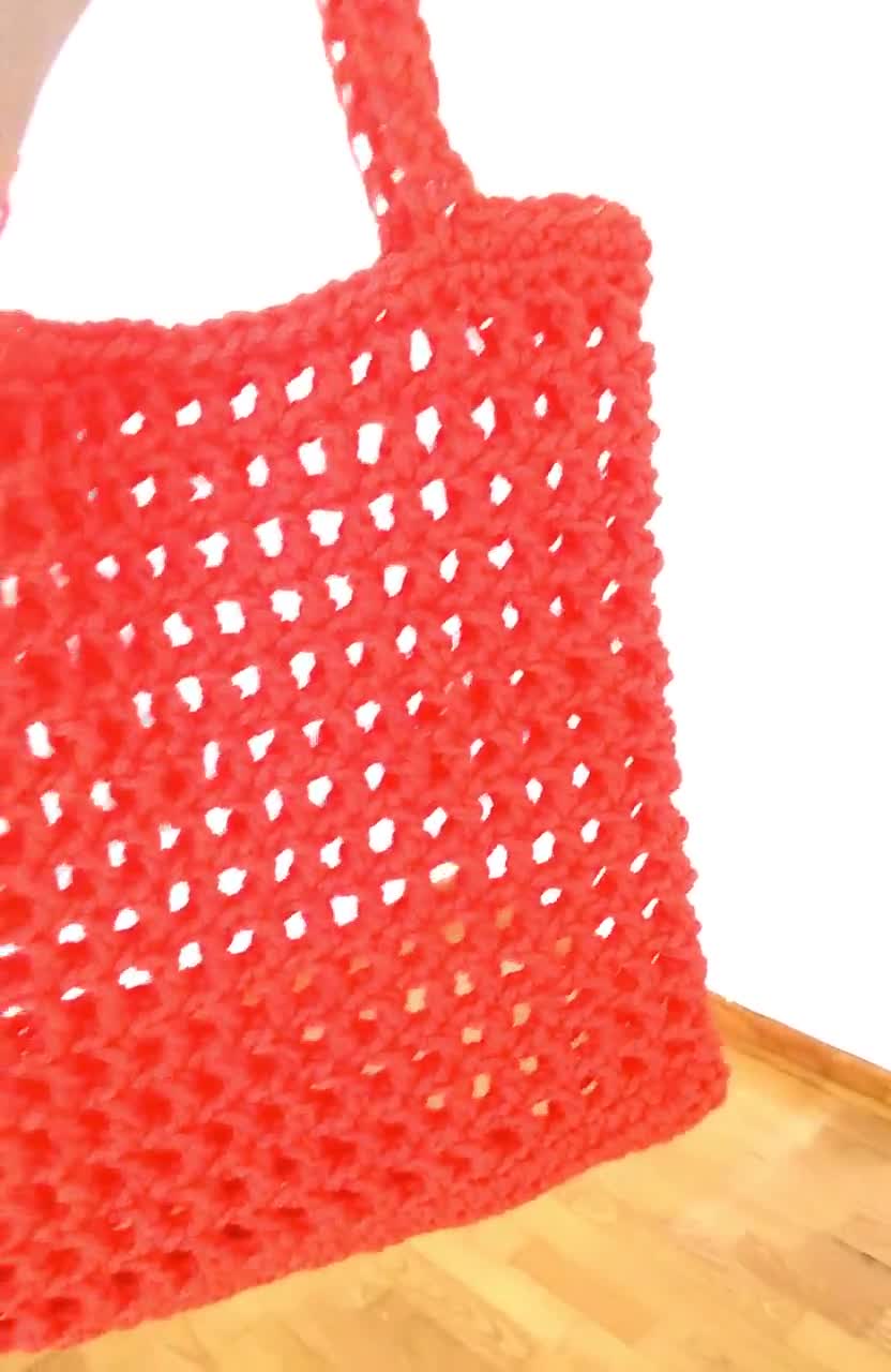 Crocheted beach bag carryall in FIERY ORANGE, handmade rope bag, 14 inch  tote, market bag, open weave bag, macrame tote bag, roomy net bag