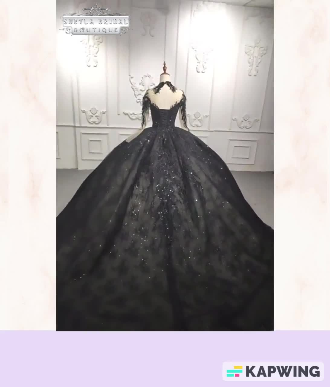 Beaded Black Satin Strapless Long Train Prom Dress - Promfy