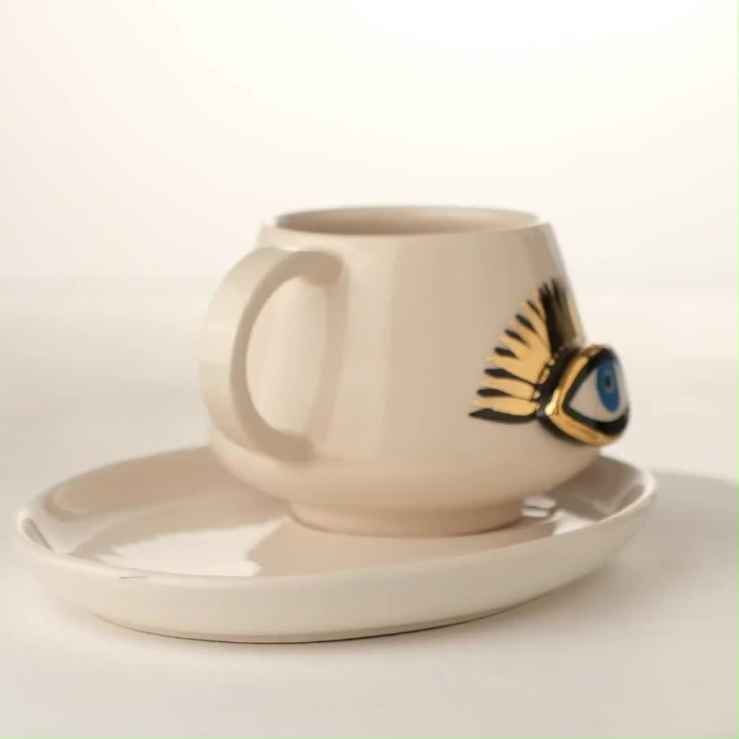 2個セット |手作り陶器カップ | 24Kゴールド＆ナザール |トルコ