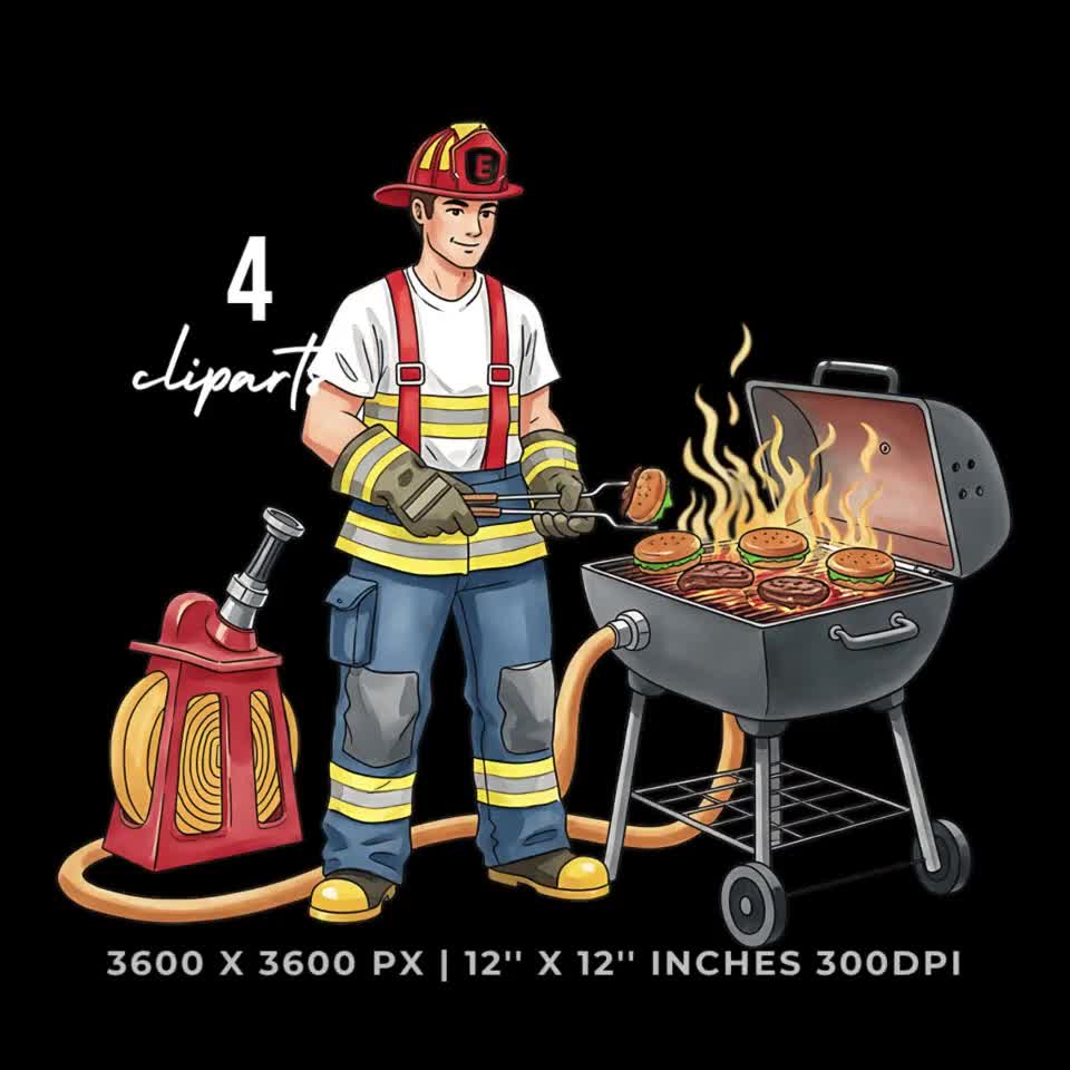 Firefighter BBQ Clipart: Grill Fireman PNG \u0026 JPG (12x12\, image size:960x960