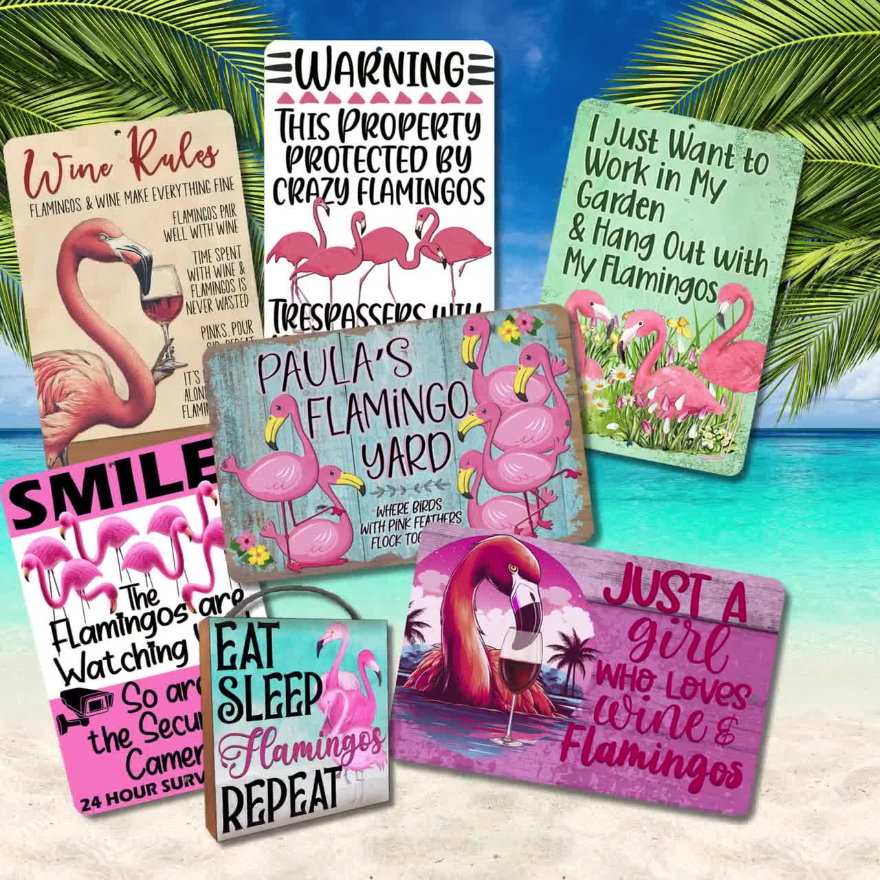 Crazy Flamingo Lady Sign, Flamingo in Grass Skirt, Metal Tin Wall