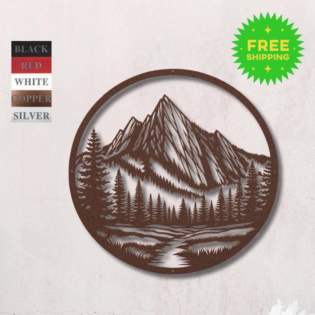 Round Metal Mountain Wall Art | Nature Forest Lake Scene | Outdoor