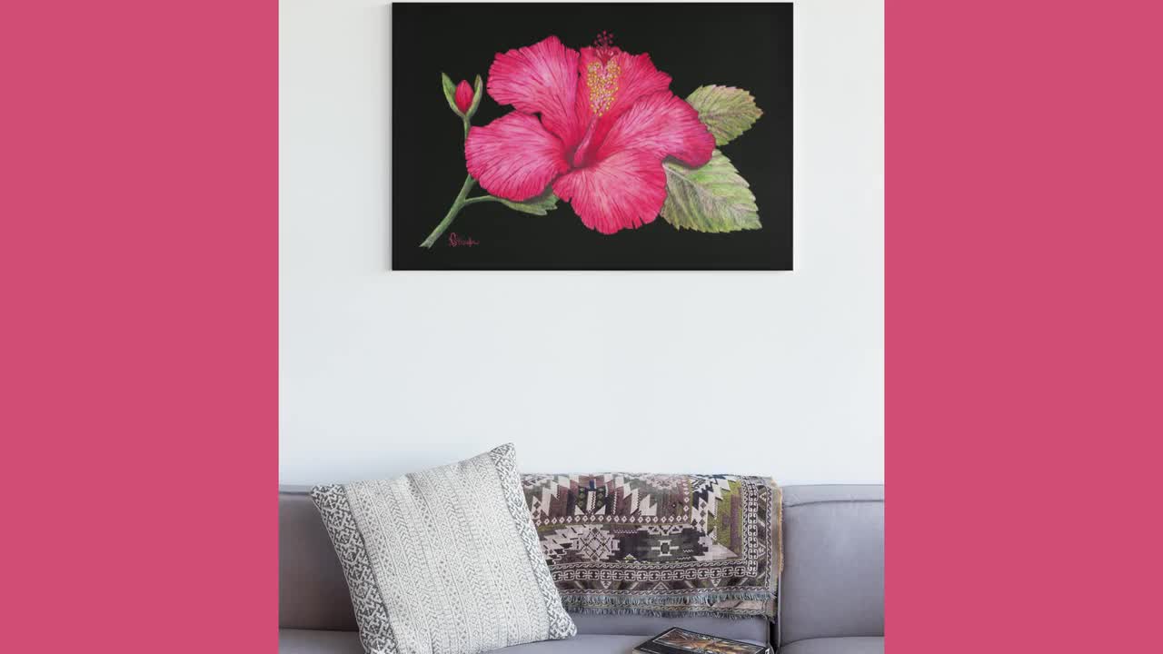 Pink Hibiscus Flower Wall Art, Floral Watercolor Decor 