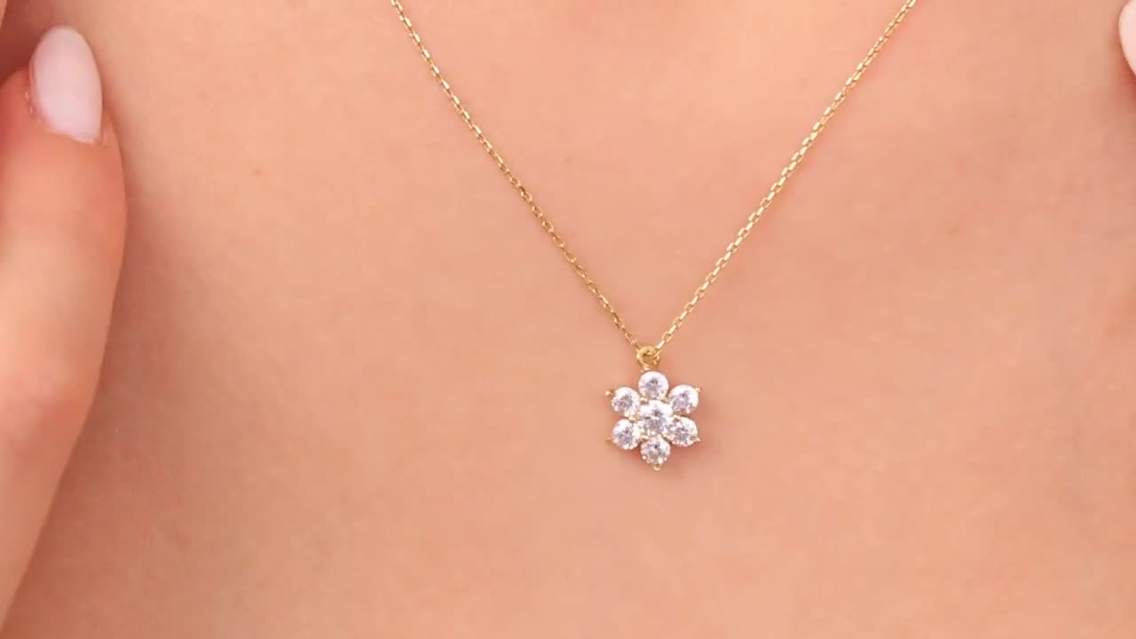 14k Real Gold CZ Flower Necklace Women, Daisy Pendant