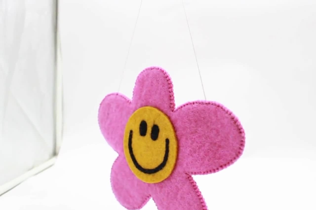 Felt wall hanging, hand embroidered mini banner, flower wall art, flower wall hanging, kids room decor, pink wall art, stitched wall sold hanging