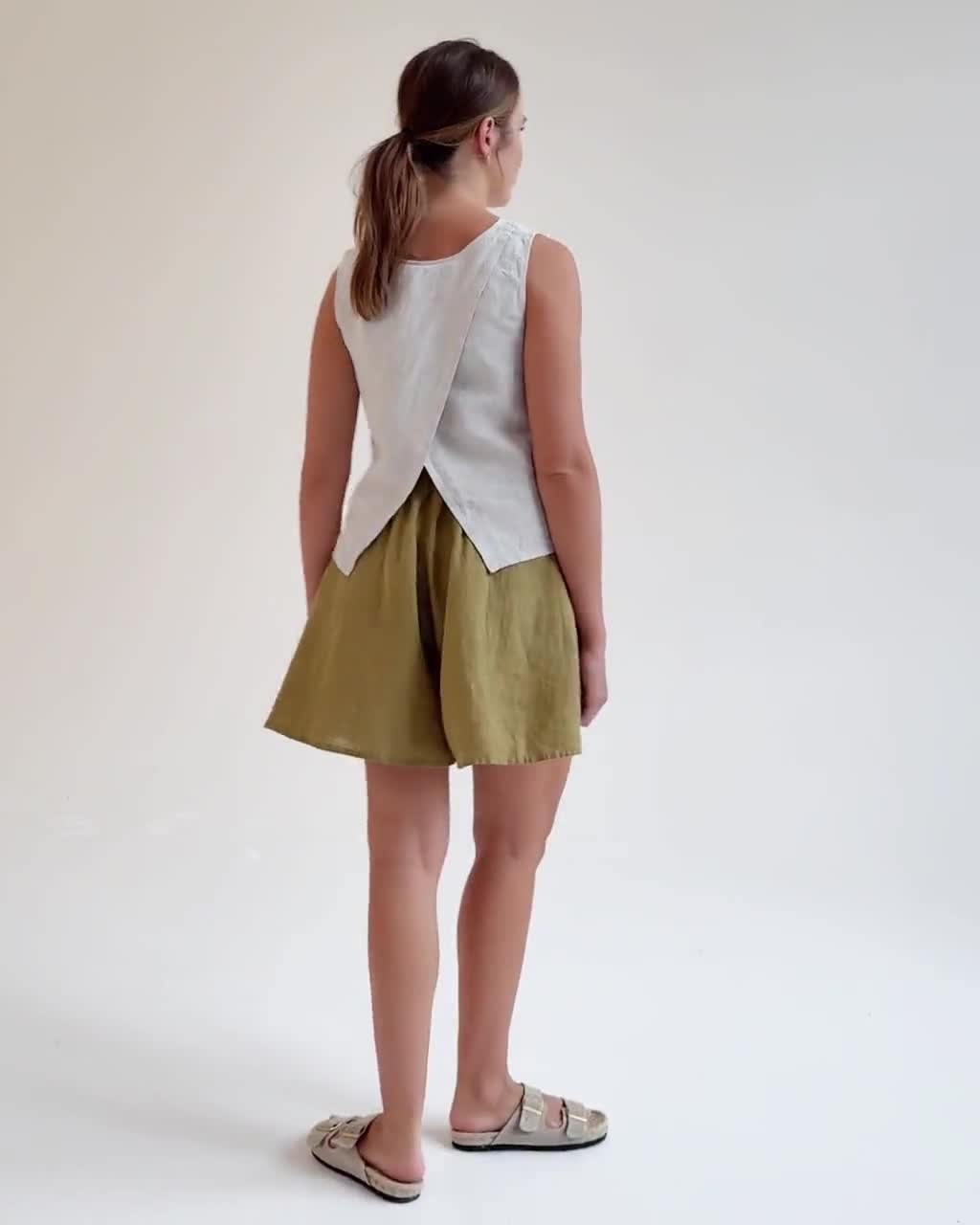 Famulily Pantaloni Corti Donna A Gamba Larga, In Misto Lino, Con Coulisse E Tasche, Per Spiaggia E Estate, Taglie S-XXL - 3