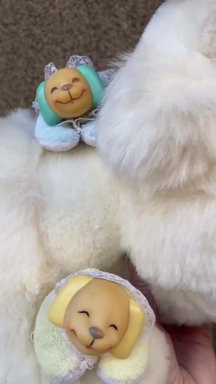 Vintage White Puppy Surprise Plush Toy Mama Dog With 3 Puppies