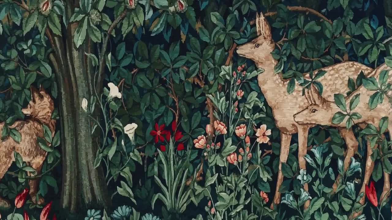 キツネと鹿の泥棒のひざ掛け、織りひざ掛け、ウィリアム モリスの