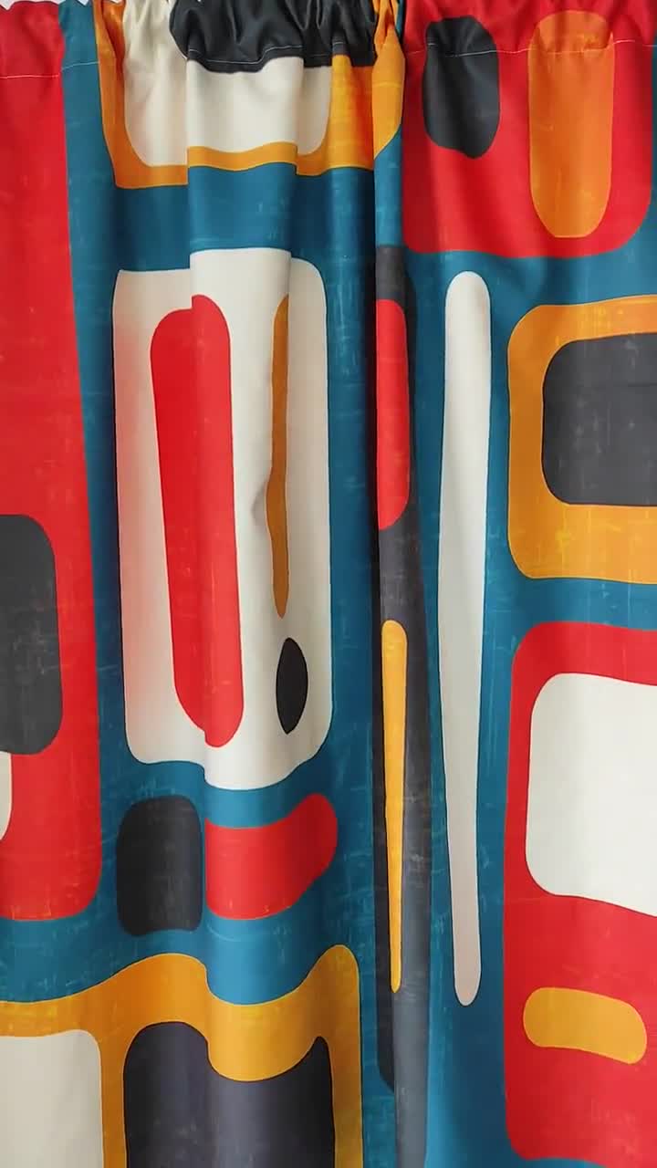 70年代風レトロプリントカーテン、レトロ幾何学模様カーテン、レトロ