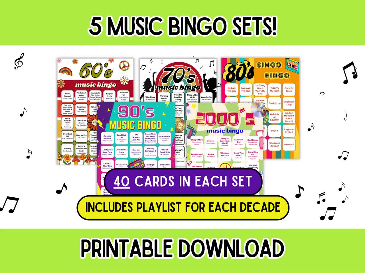 Music Bingo - 5 Pack | 60s, 70s, 80s, 90s, 2000s Music Bingo | 5 Decades of Music | Music Bingo With Playlist | 200 Cards | Printable Game video poster