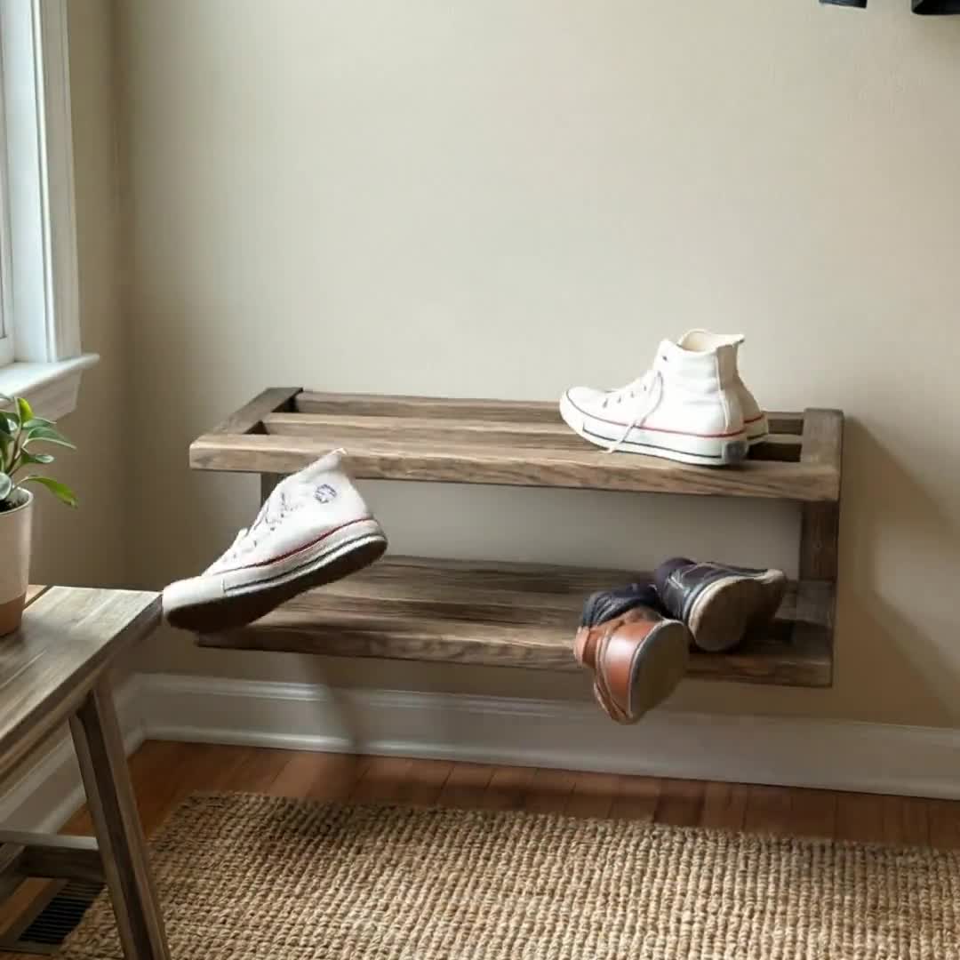 Scarpiera in legno, organizer a 2 ripiani con cuscino, per