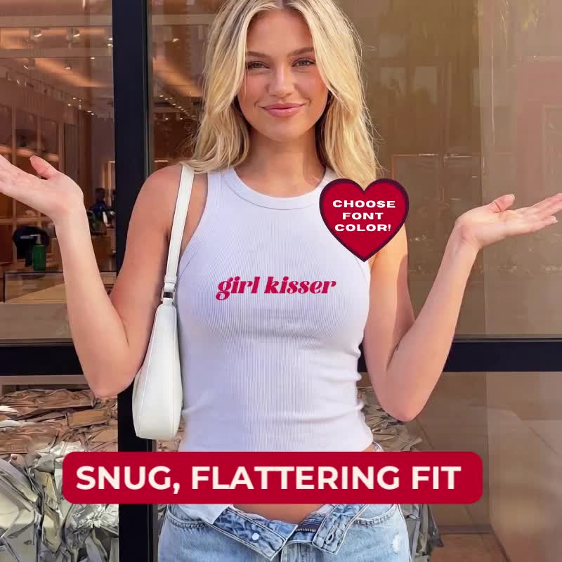 Girl Kisser Y2K Crop Tank, Personalized Lesbian Shirt, Queer Pride Top, Sapphic Micro Rib Tank, LGBTQ Shirt, Bachelorette Gift video poster