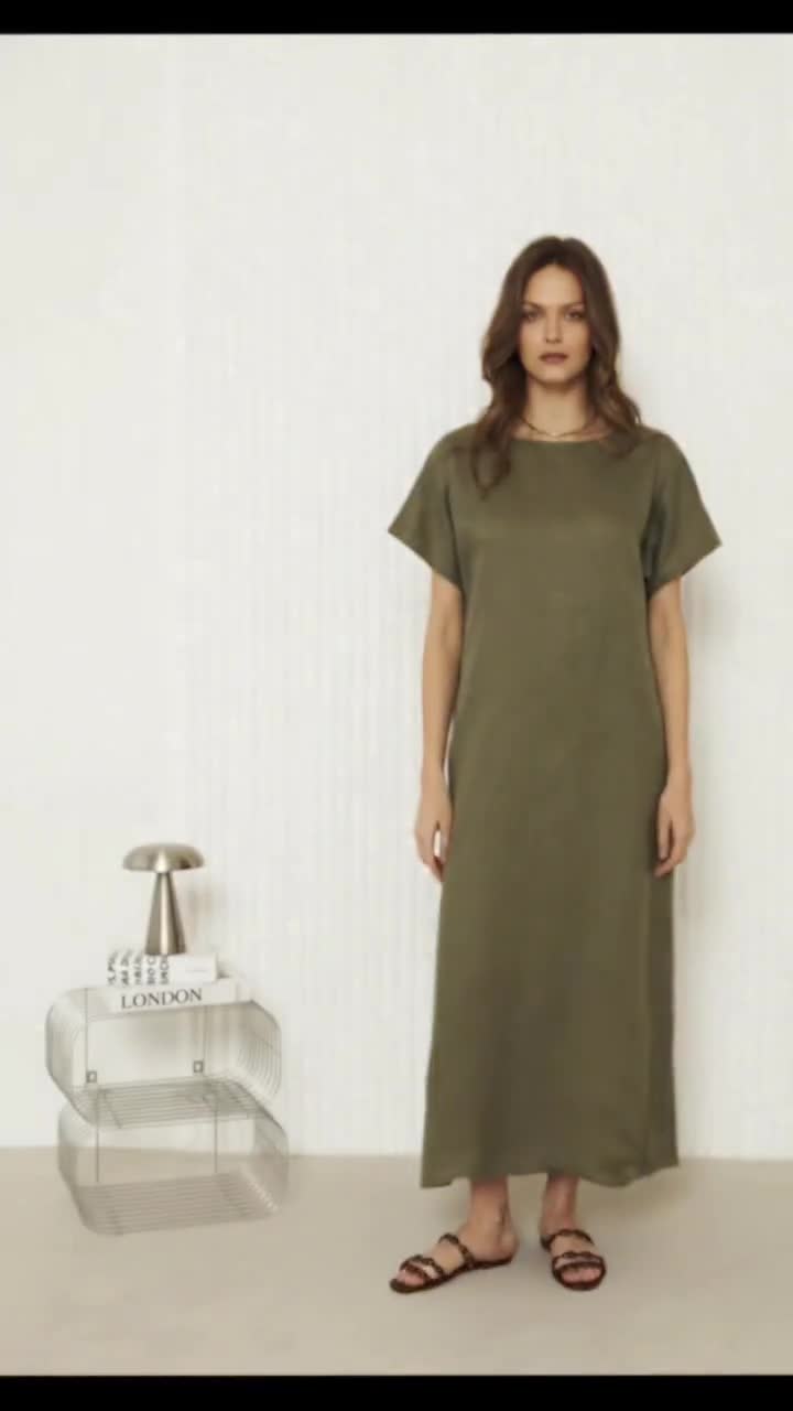 Khaki Linen Dress, relaxed maxi with pockets for minimalist summer wear