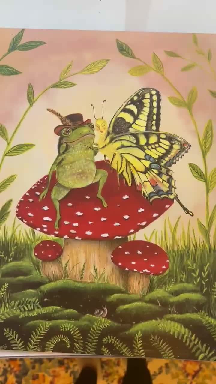 Autocollant champignon fantastique avec papillon