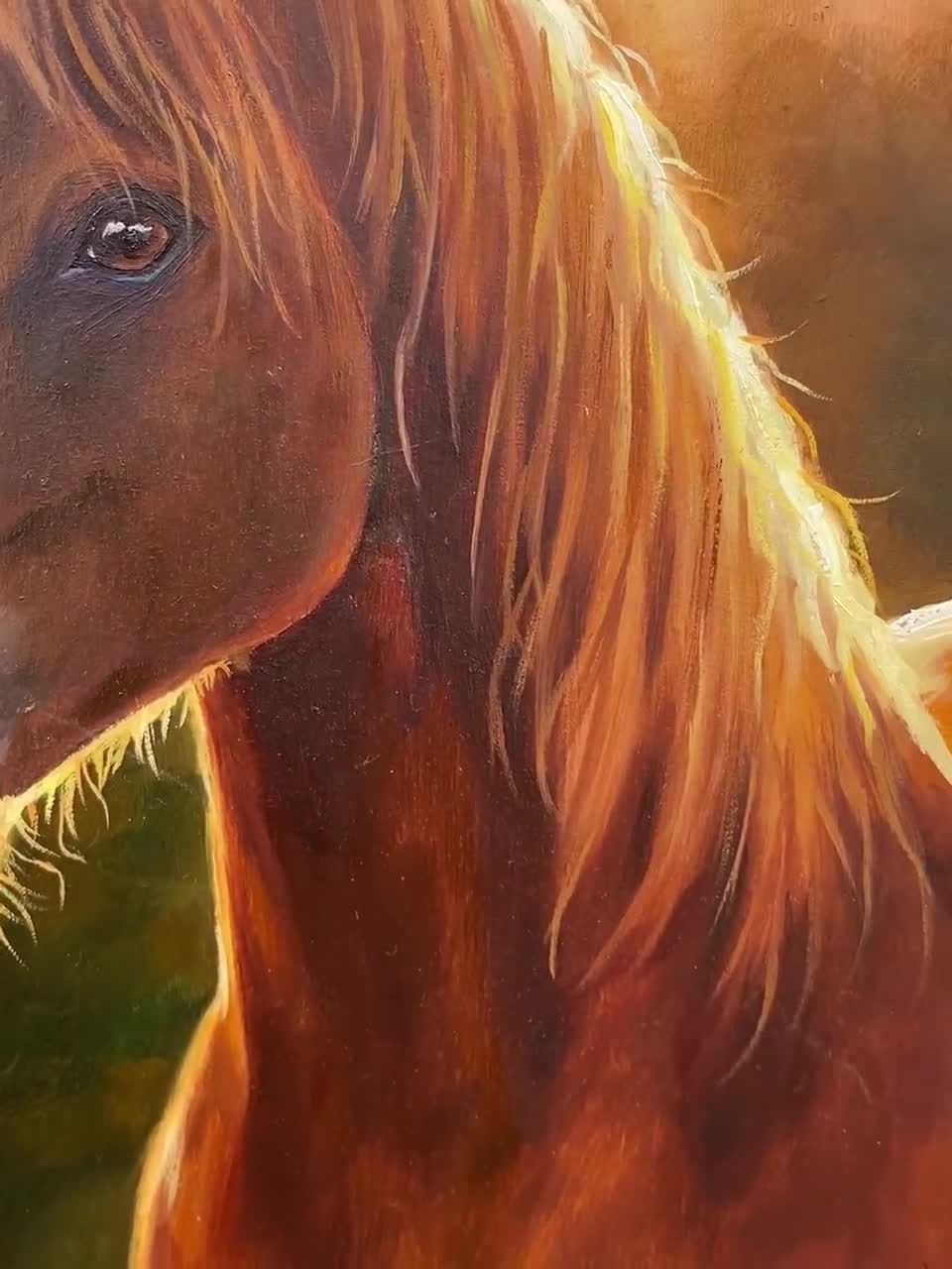 栗毛の馬の油絵オリジナル、茶色と白の馬の肖像画、小さな馬のアート