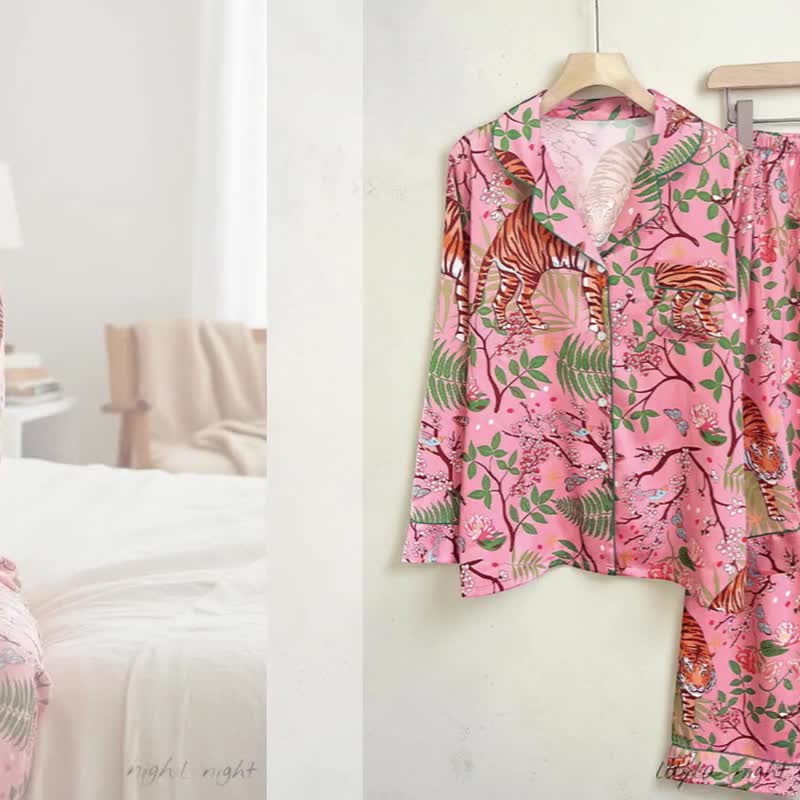Women’s Silky Tiger Print Pajama Set | Long Sleeve Soft Loungewear video poster