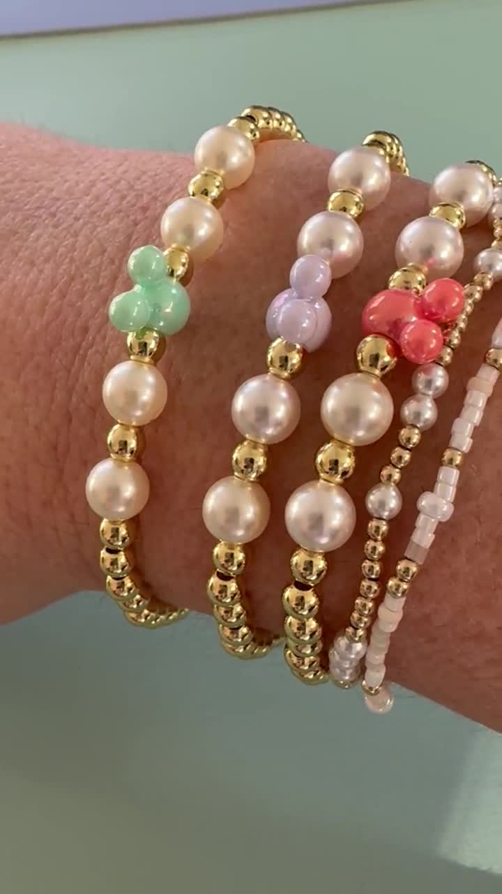 Disney Inspired Mickey Bracelet, Pastel Pearl Gold Bracelet, Birthday Gift for Her, Cute Theme Park Jewelry video poster