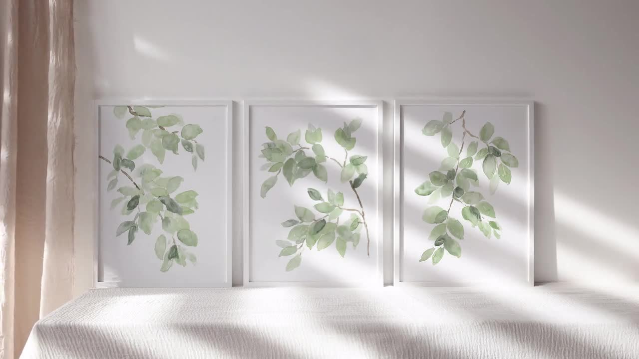Set 3 Poster Botanici Acquerello - Foglie Di Eucalipto Verde Salvia - Stampe D'Arte 20x25cm Per Casa, Bagno, Ufficio - Senza Cornice