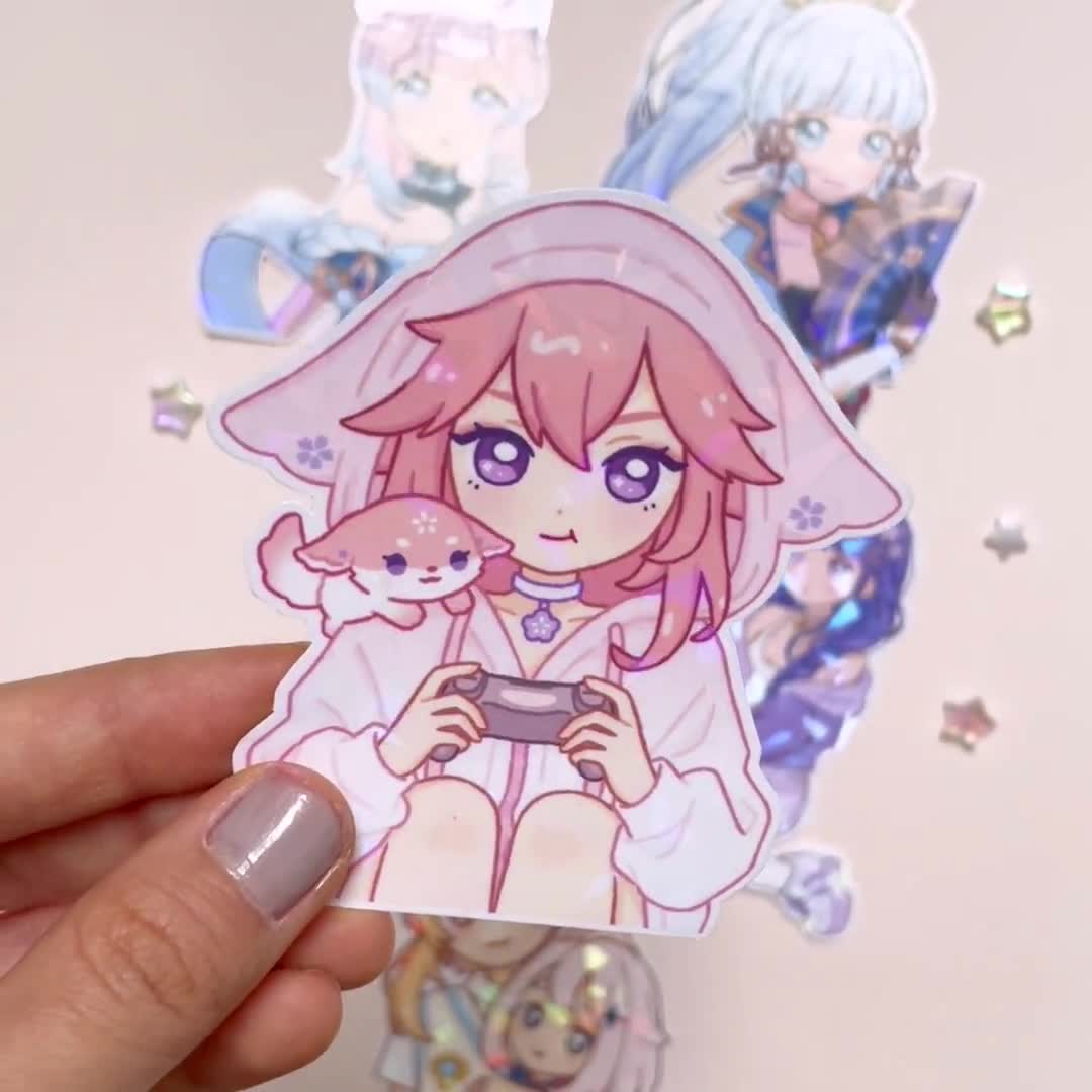 Genshin Holographic Stickers Eimiko Collection Gamer Yae Miko Raiden Ei Fox  Pink Purple Aesthetic Chibi Anime Vinyl - by wingmadewithlove