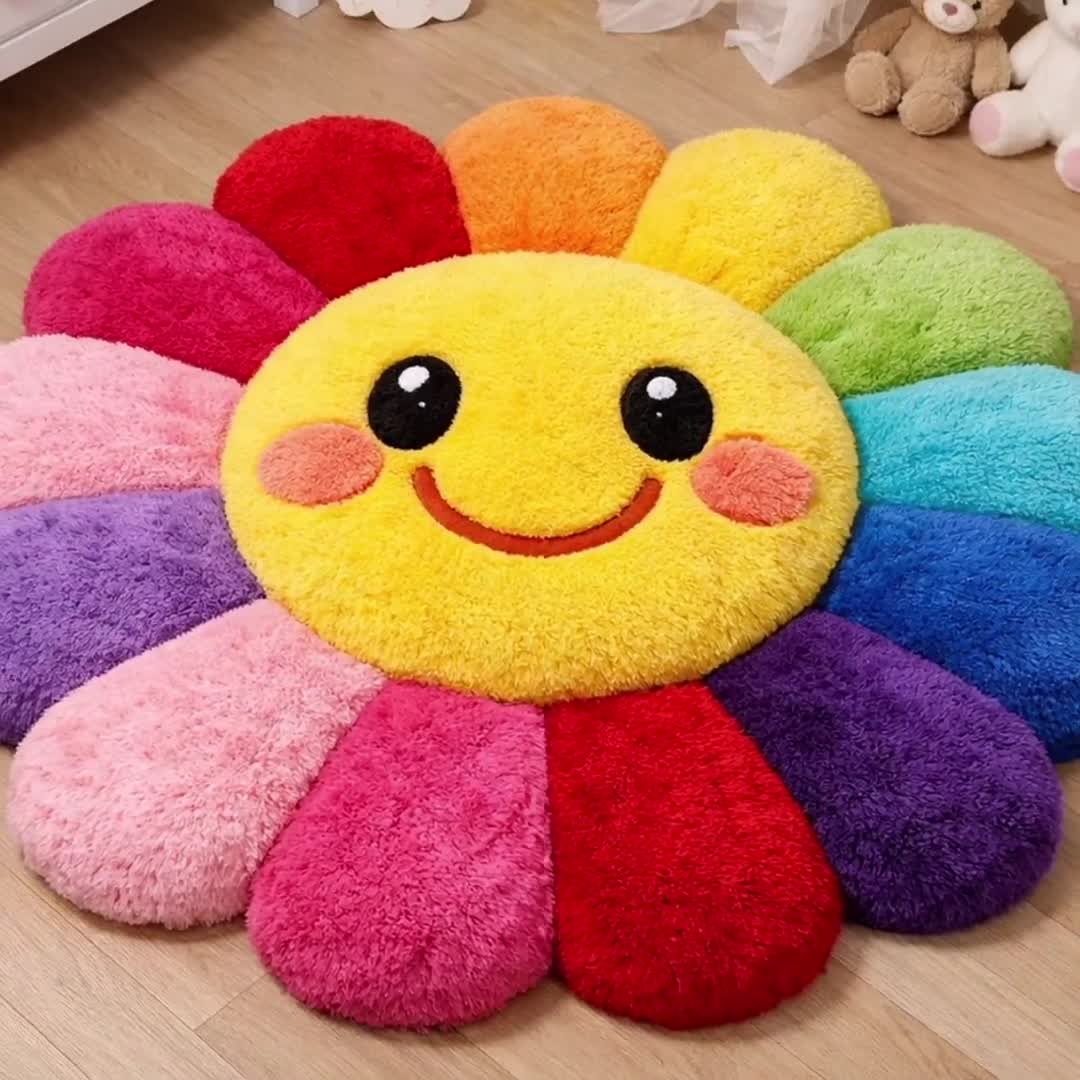 Flower Floor Mat Rainbow × Ecru beige Rainbow Flower Rug Non-Slip