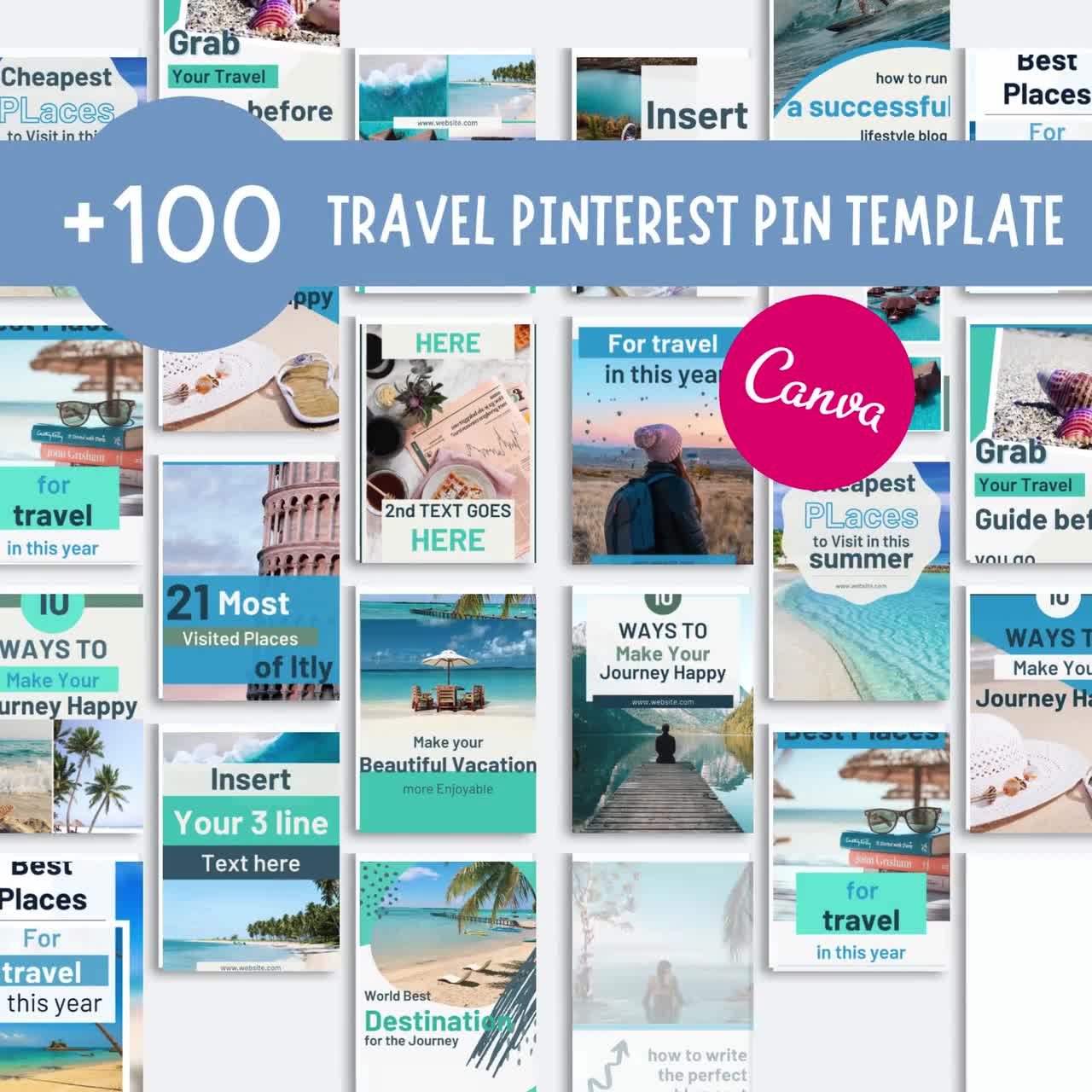 Travel pinterest pin template editable canva template, digital product mrr plr, travel blogger template, Travel Marketing Templates video poster
