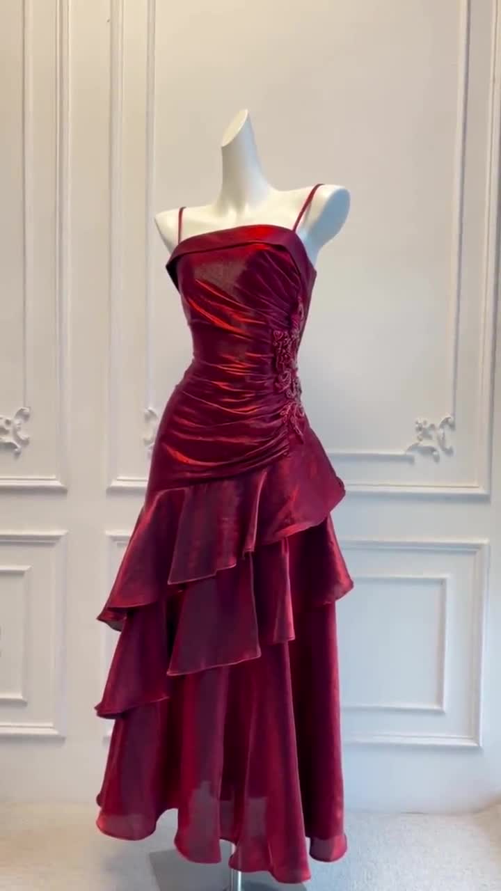 Handmade beading Burgundy red prom dress