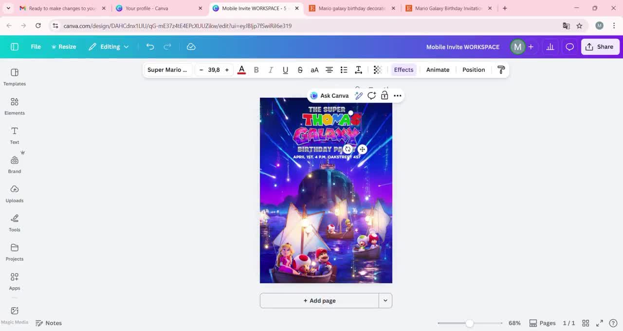 Super Mario Galaxy-ticketuitnodigingen | Mario Galaxy-uitnodigingen | Mario Galaxy-themafeest | Verjaardagsfeestje bioscoop | Digitale download video poster