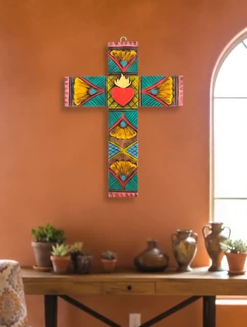 Hand Painted Wooden Cross | Mexican Folk Art Wall Decor - Etsy