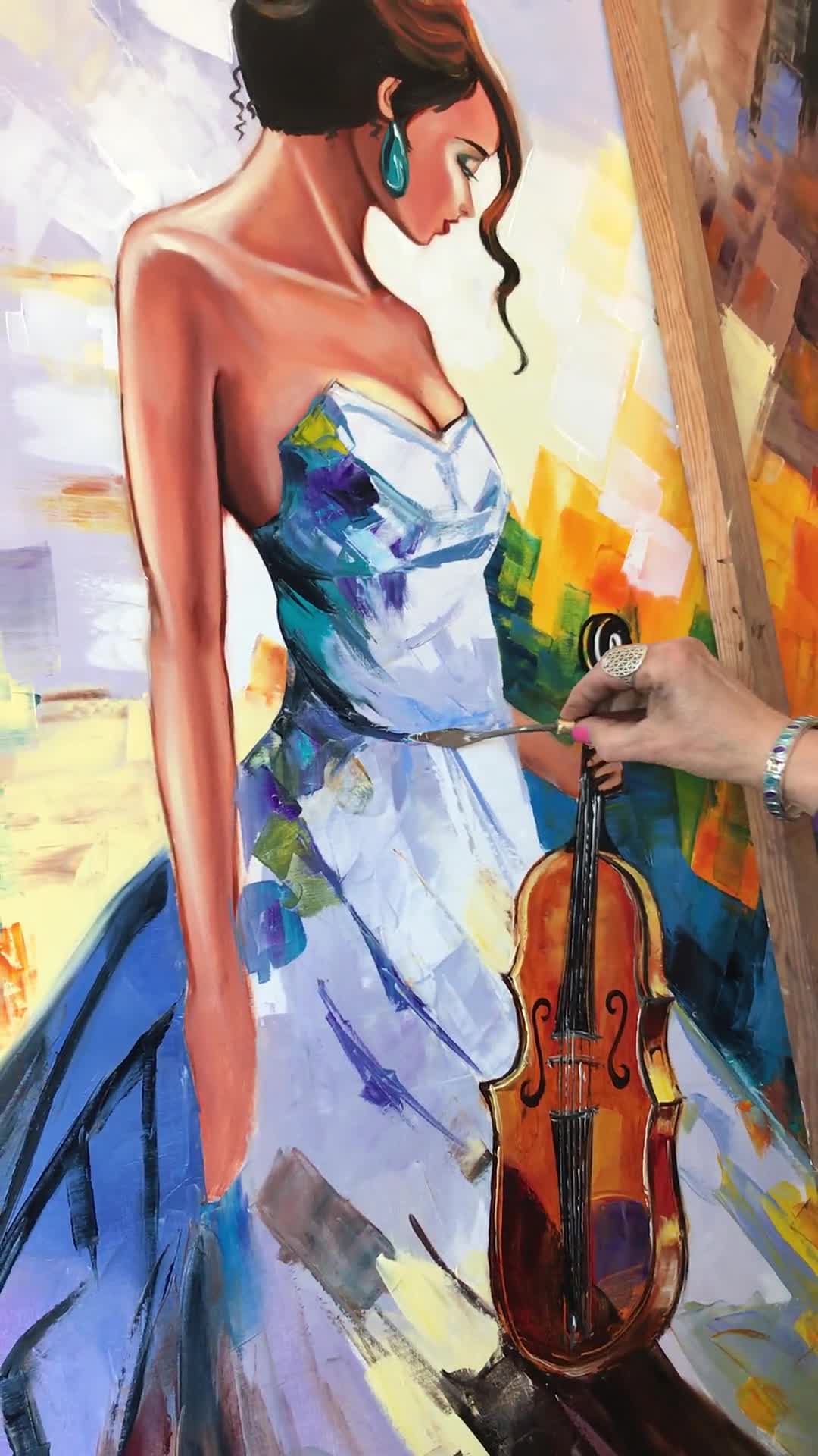 バイオリンを持つ女性 油絵 オリジナル 女性 36x48 キャンバス 壁