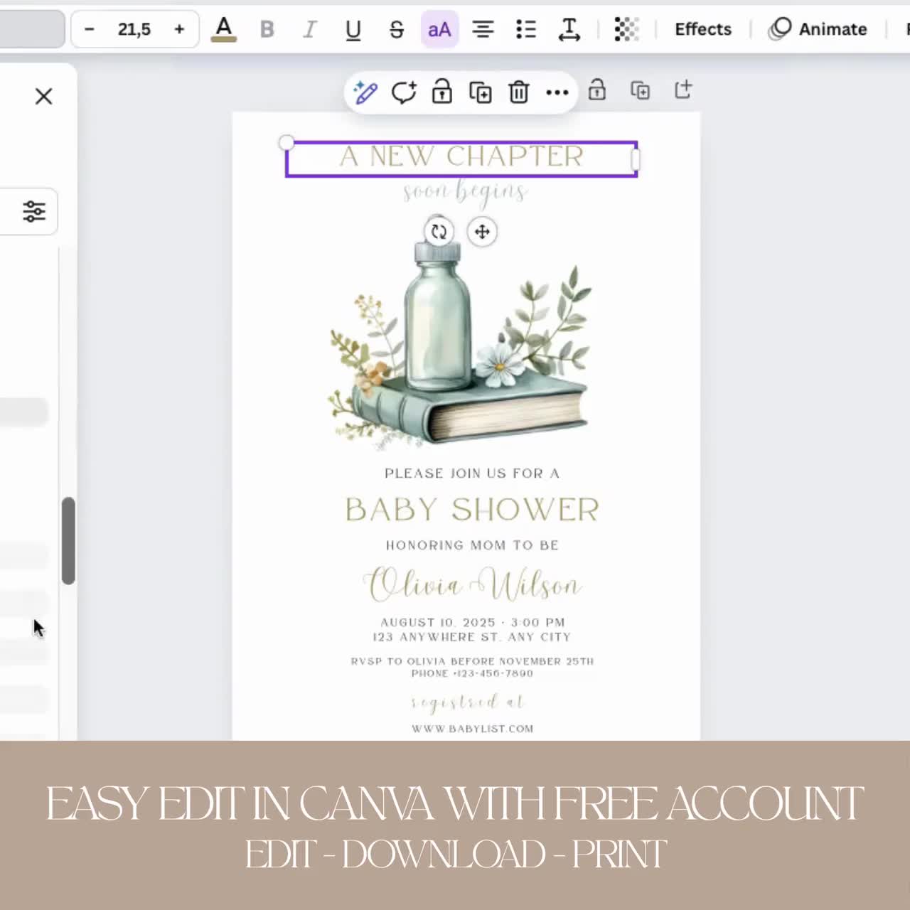 Letrero de bienvenida editable "Baby In Bloom", letrero para baby shower "Baby In Bloom", baby shower con temática de flores silvestres, plantilla de Canva video poster
