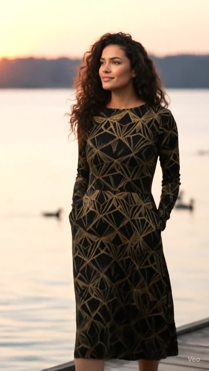 black and gold geometric dress Boden Women's Smocked Jersey Midi Dress in Green