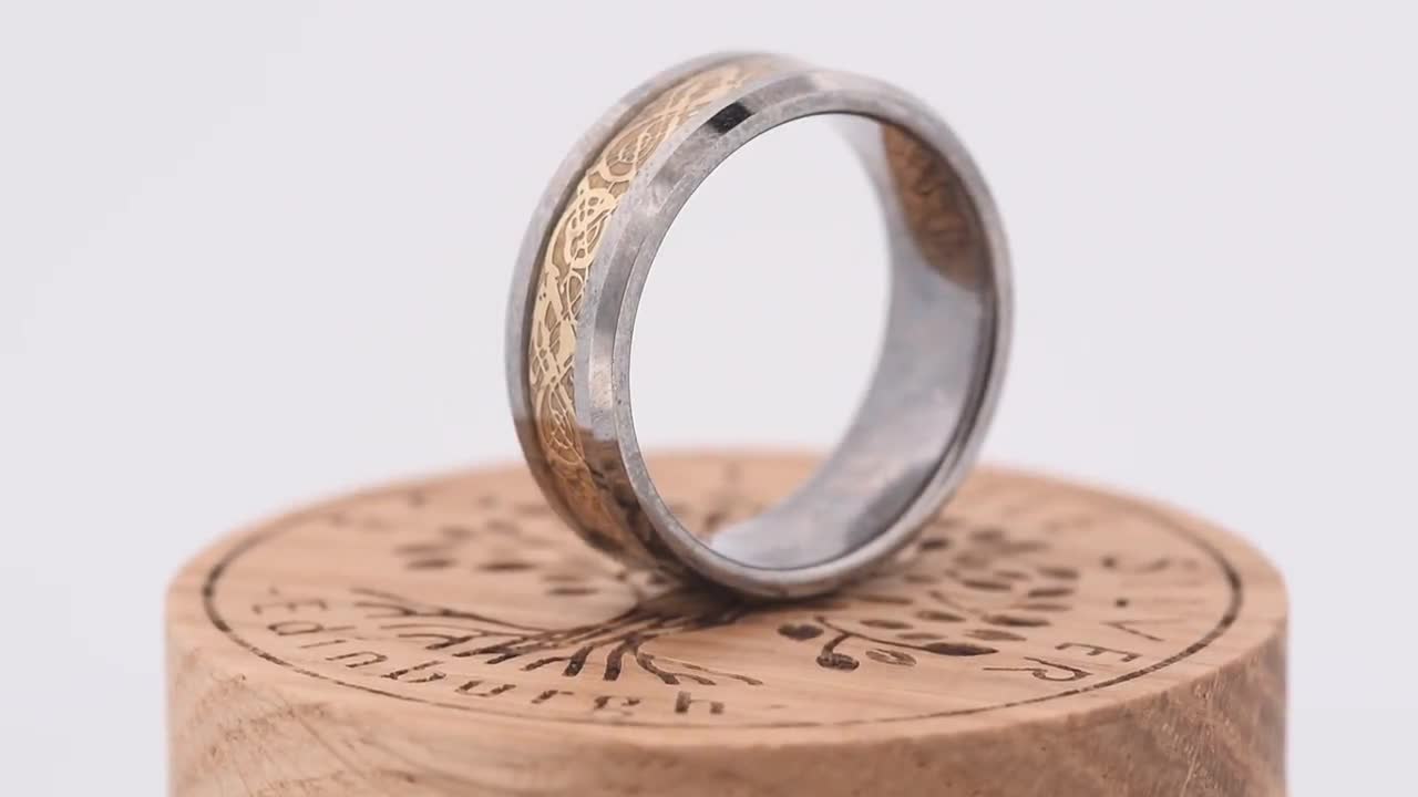 Anello Celtico Con Drago In Tungsteno Dorato, Fede Nuziale Con - Foto 4