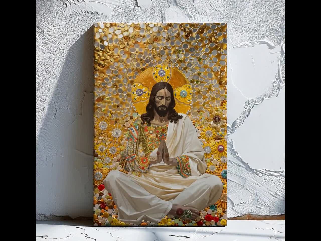 【美品】888Ｈｚ Jesus Christ ゴールド マドモアゼル・愛 巾着付 Golden Jesus Christ Art Print | Sacred Meditative Artwork